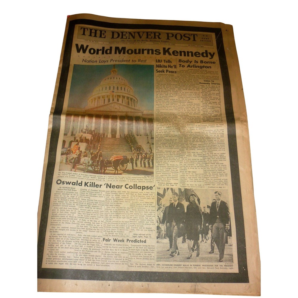 Vintage Denver Post Nov 25 1963 Newspaper JFK Funeral World‎ Mourns Kennedy